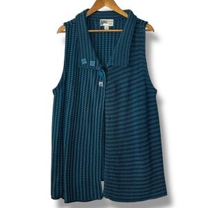 Habitat Teal Blue Black Houndstooth One Button Chunky Knit Vest Sweater Collar L